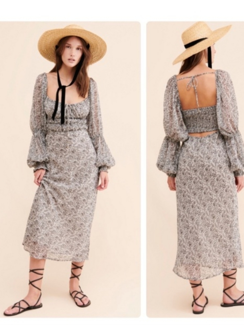 FREE PEOPLE Glow Up Gray Silver Boho Midi Peasant Dress Long Sleeves XS New